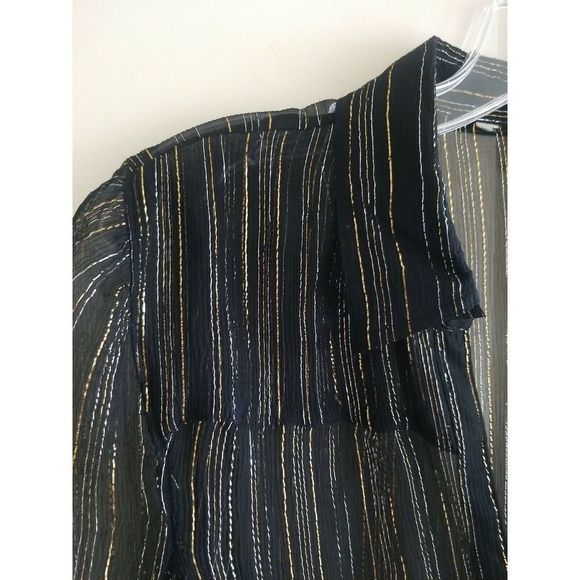 Vtg G-Unit Sexy Black Silk Blouse Silver/Gold Metallic Stripe Sheer Disco, EUC,M - Picture 3 of 7